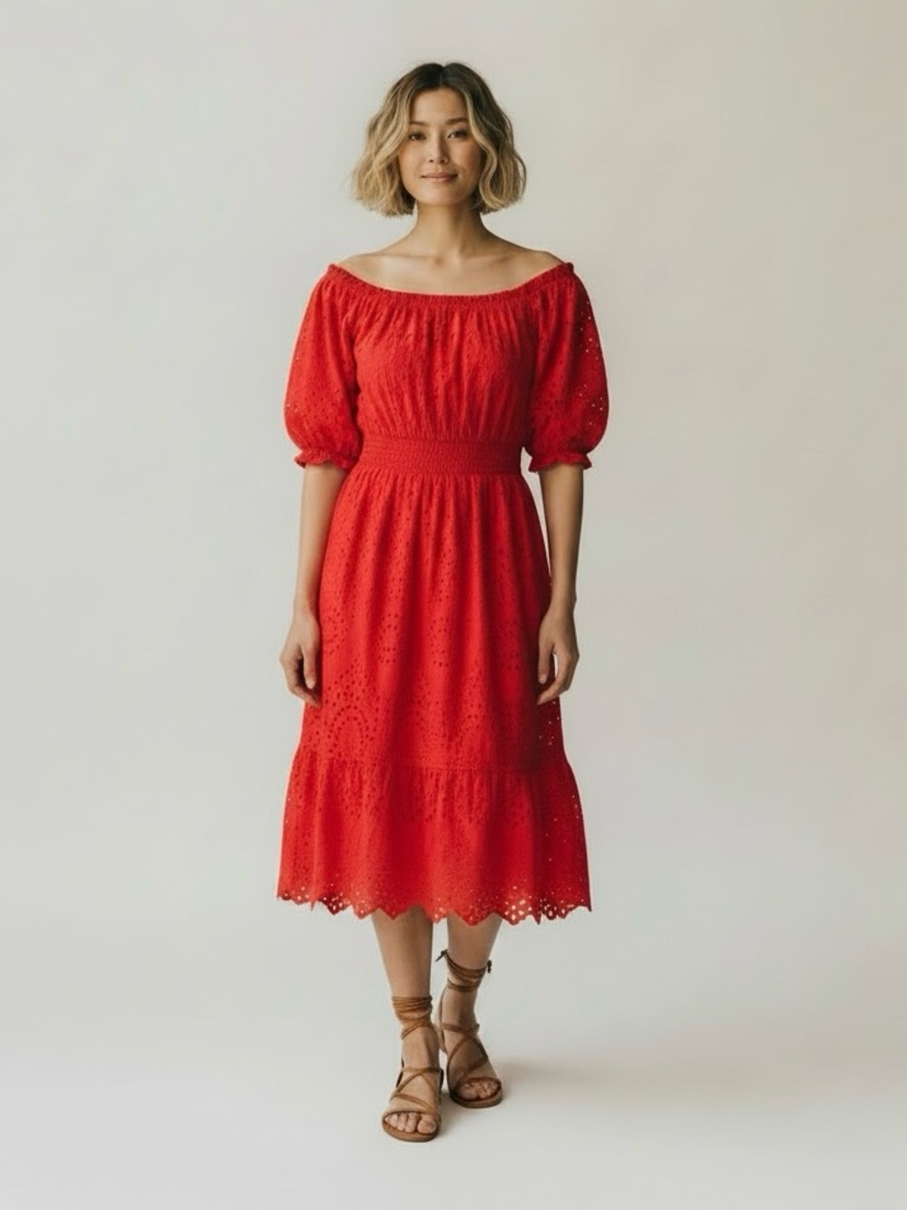 Betsey Johnson eyelet ruffle off the shoulder mini boho dress Coral red sz XL